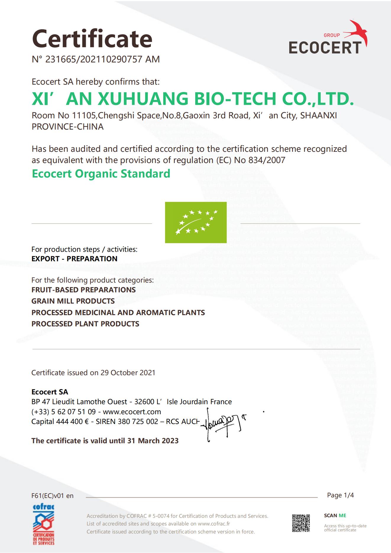 organic certificate eu-xuhuang